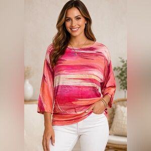 Chico’s Top Size 1 US M Pink Orange Abstract Dolman Sleeve Stretch Blouse